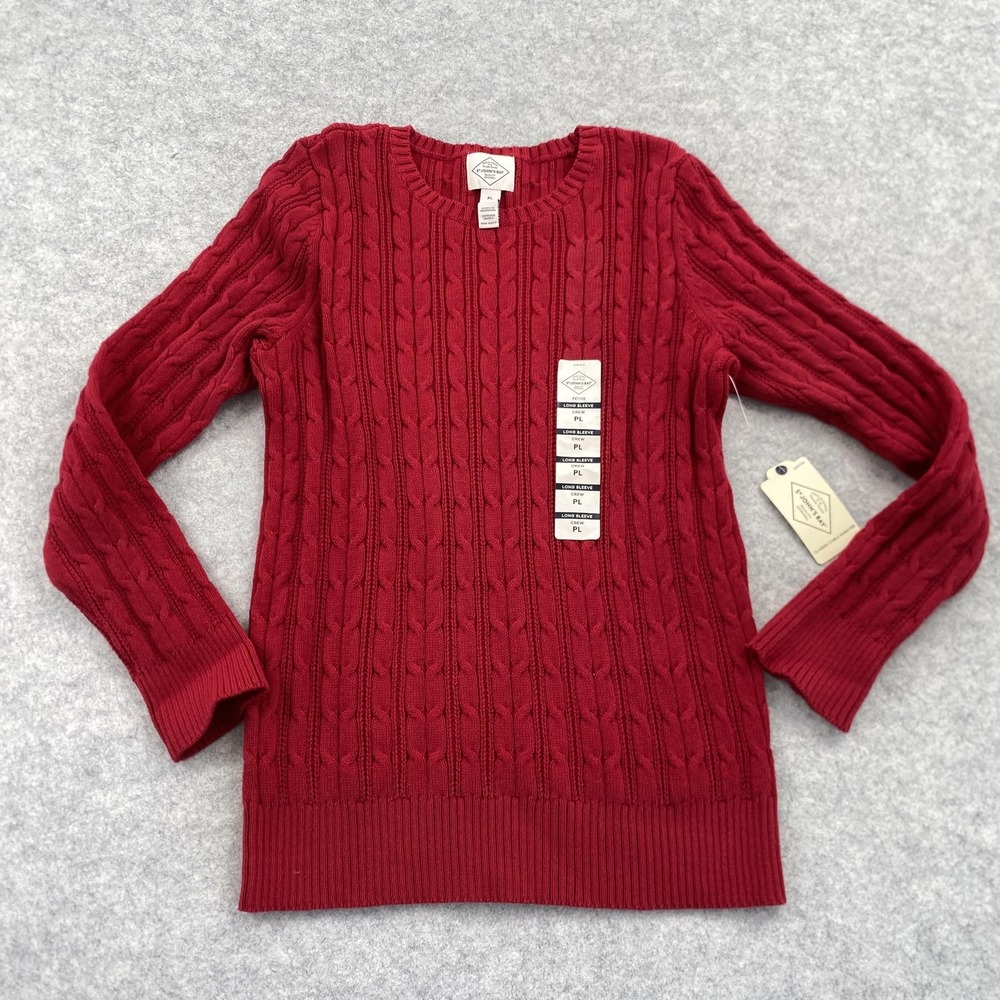 St. John's Bay Sweater Womens PL Red Cable Knit Crewneck Pullover Petite Classic